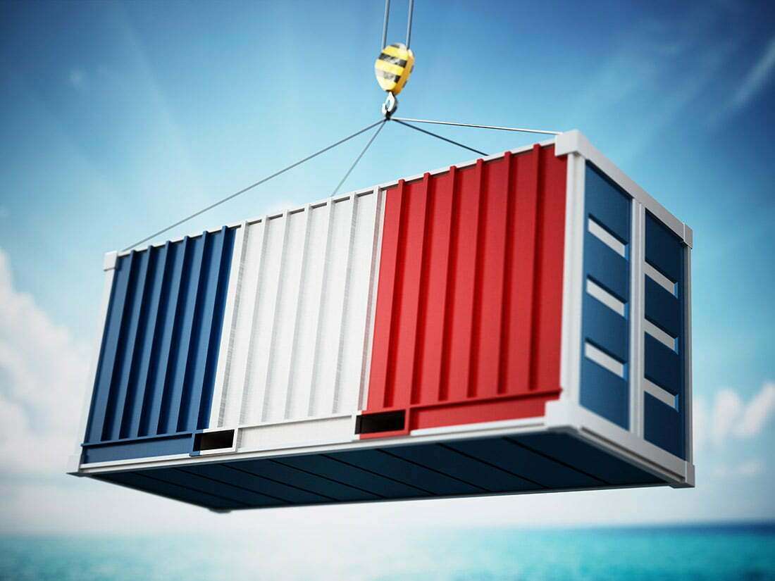 Cargo container with flag of France against blue sky. 3D illustration.