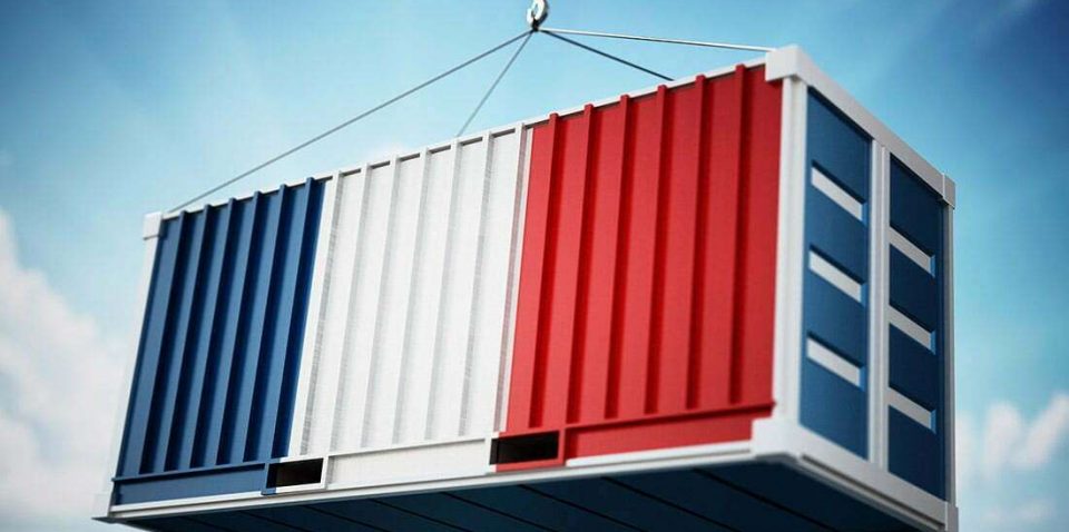 Cargo container with flag of France against blue sky. 3D illustration.